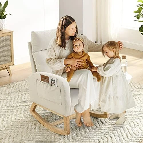 Nursery Rocking Glider Chair, Modern Fabric Tall Back Accent Rocker Chair Upholstered Arm Chair W/Side Pockets, Modern Leisure Single Sofa For Living Room, Hotel, Bedroom, Office, Beige - Image 6
