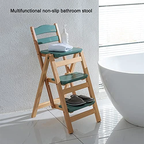QQXX Folding Bar Stool Multifunctional 3 Step Ladder,Solid Wood Ladder Stool Counter Height Tall Stool,Portable Foldable Stool Step Stool For Adults Kitchen Outdoor(21.5β X 15.7β X 34.6β, Gray) - Image 3
