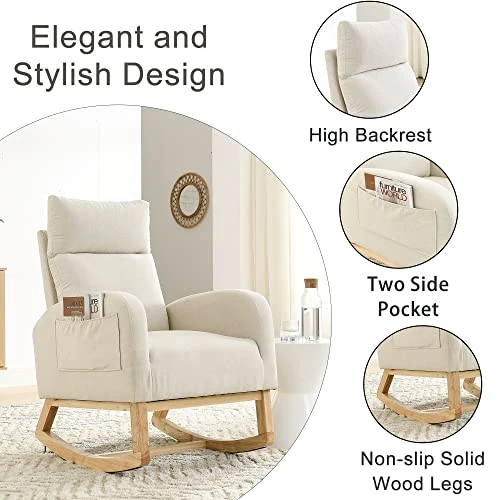 Krinana Nursery Rocking Chair With Solid Wood Legs, Glider Chair For Nursery With Two Side Pockets, Rocker Armchair For Living Room Bedroom (Beige, Linen Fabric) - Image 4