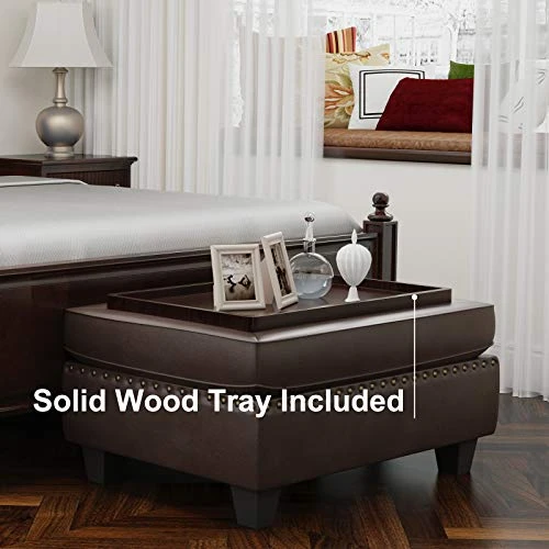 HONBAY Faux Leather Rectangle Bench With Storage Ottoman For Bedroom Upholstered Storage Bench Ottoman For Living Room (Brown Leather, Tray Ottoman) - Image 2