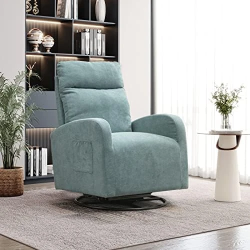 KINFFICT Modern Swivel Glider Chair, Upholstered Accent Glider Rocker For Baby Nursery, Comfy Tall Back Rocking Armchair With Side Pocket And Headrest For Living Room, Bedroom, White Teddy Fabric - Image 8
