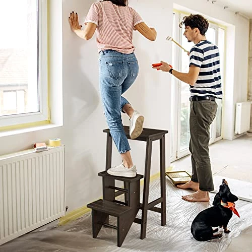 Giantex 3 Tier Folding Step Ladder, Multifunction 3-in-1 Wood Step Stool, Display Ladder And Storage Shelf For Library, Home Kitchen, Household Work, Brown