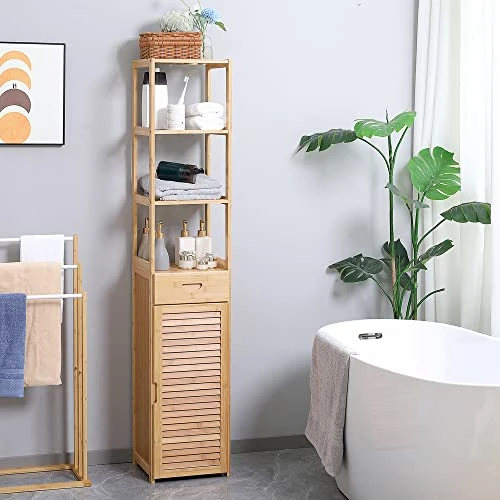 Kleankin Tall Bathroom Cabinet With Drawer And Slatted Shelves, Tall Slim Bamboo Linen Tower Freestanding Linen Towel With Louvered Door, Natural - Image 2