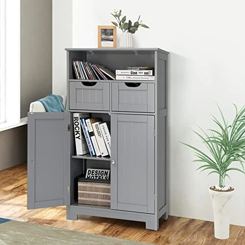 COSTWAY Bathroom Storage Cabinet, Freestanding Storage Organizer With 2 Drawers & Adjustable Shelf, Wooden Floor Cabinet For Living Room, Bedroom, Kitchen, Entryway (Gray) - Image 2