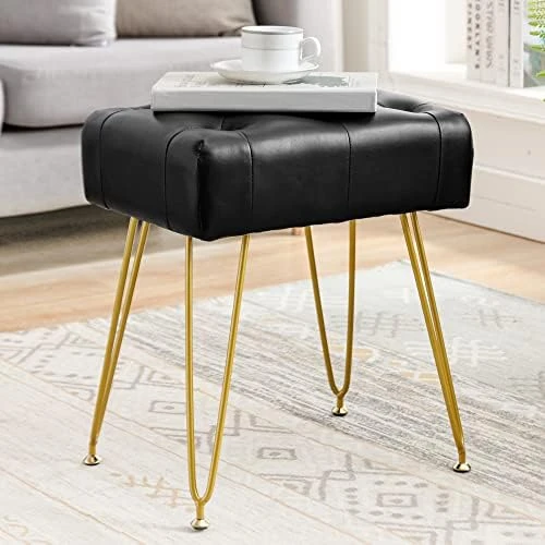 LUE BONA Modern Faux Leather Rectangle Vanity Stool, Vanity Chair For Makeup Room, Whiskey Brown Ottoman Foot Rest Entryway Bench With Black Legs For Bedroom Living Room - Image 6