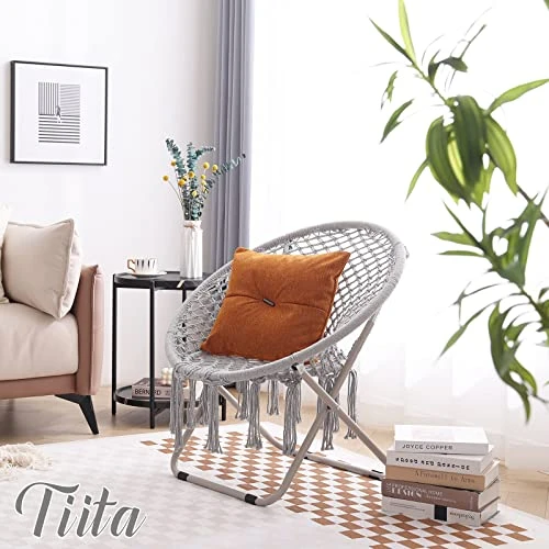 Tiita Saucer Chair, Round Cozy Chairs With Folding Metal Frame, Handmade Knitted Mesh, Comfy Moon Chair For Bedroom, Living Room Dorm Rooms, Garden And Courtyard - Image 5
