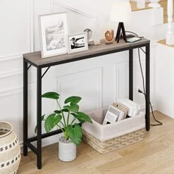 IDEALHOUSE Console Table With Power Outlets & USB Ports, Narrow Sofa Table With Charging Station, 39.3" Industrial Entryway Table, Behind Couch Table For Living Room, Hallway, Foyer, Bedroom-Grey