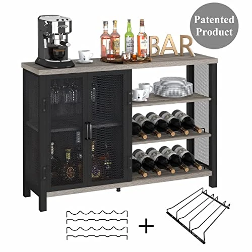 BON AUGURE Industrial Bar Cabinet For Liquor And Glasses, Rustic Metal Black Wine Bar With Bottle Rack And Stemware Rack, Free Standing Coffee Bar Cabinet For Home (Dark Grey Oak, 47 Inch) - Image 2