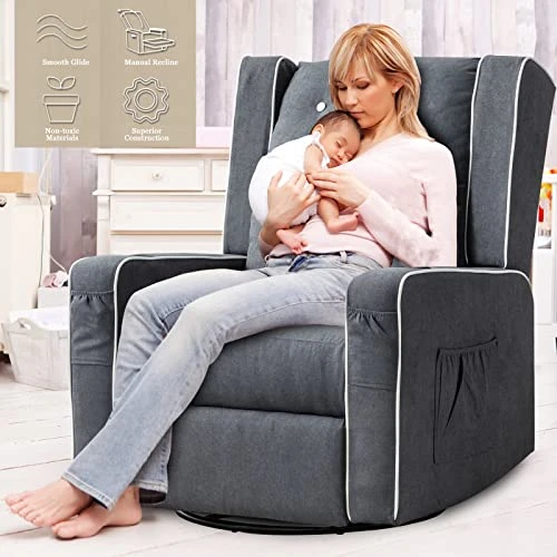 Oprisen Swivel Rocking Recliner Chair Overstuffed Wingback Glider Chair For Nursery, Manual Swivel Recliner With Side Pockets Cup Holders (Blue Gray) - Image 2