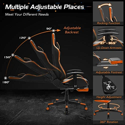 Goplus Gaming Chair, Massage Office Chair Computer Gaming Racing Chair, High Back PU Leather Adjustable Ergonomic Reclining PC Game Chair, Rolling Swivel Executive Chair With Footrest (Orange) - Image 2
