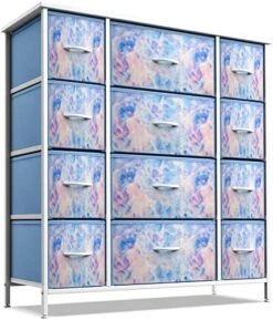 Kids Dresser With 12 Drawers - Chest Organizer Unit With Steel Frame Wood Top & Handle, Fabric Bins For Clothes - Large Furniture For Bedroom Hallway Kids Room Nursery & Closet (Blue - Tie-dye)