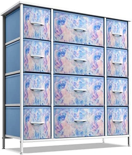 Kids Dresser With 12 Drawers - Chest Organizer Unit With Steel Frame Wood Top & Handle, Fabric Bins For Clothes - Large Furniture For Bedroom Hallway Kids Room Nursery & Closet (Blue - Tie-dye) - Image 6