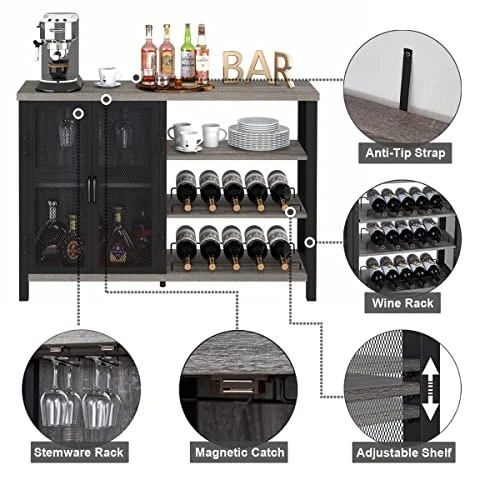BON AUGURE Industrial Bar Cabinet For Liquor And Glasses, Rustic Metal Black Wine Bar With Bottle Rack And Stemware Rack, Free Standing Coffee Bar Cabinet For Home (Dark Grey Oak, 47 Inch) - Image 4