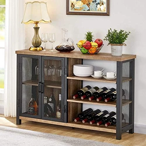 BON AUGURE Industrial Bar Cabinet For Liquor And Glasses, Rustic Metal Black Wine Bar With Bottle Rack And Stemware Rack, Free Standing Coffee Bar Cabinet For Home (Dark Grey Oak, 47 Inch) - Image 7