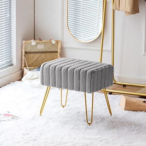 Fefances Large Vanity Stool Chair For Makeup Room Modern Faux Fur Square Ottoman Comfortable Footrest Stool With V Gold Legs Grey - Image 3