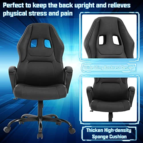 Gaming Chair PC Computer Chair Office Chair For Adult Teen Kids, Ergonomic PU Leather Gamer Chair With Lumbar Support High Back Adjustable Rolling Swivel Desk Chair, Black - Image 4