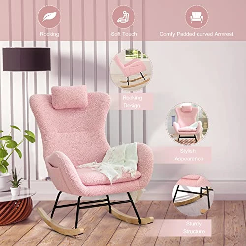 Kvutx Teddy Upholstered Nursery Rocking Chair - Comfy Pink Glider Rocker With Padded Seat, High Backrest, And Armrests For Living Room Bedroom Offices (Pink) - Image 3
