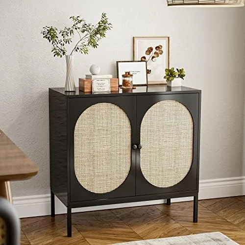 IKIFLY Set Of 2 Accent Storage Cabinet With Handmade Natural Rattan Doors - Rattan Sideboard Buffet Cabinet - Kitchen Cupboard Server Console Table For Dining Room, Bedroom, Hallway - Natural - Image 10