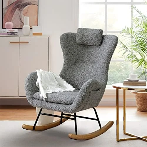 KINFFICT Accent Rocking Chair, Velvet Tufted Upholstered Glider Rocker For Nursery, Comfy Armchair With Side Pockets, Modern Lounge Arm Chair For Living Room, Bedroom (Velvet Off White) - Image 11