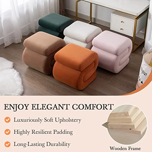 LETESA Modern Velvet Upholstered Ottoman, Exquisite Small End Table, Soft Foot Stool With S-Shape, Dressing Makeup Chair, Comfortable Seat For Living Room, Bedroom, Entrance (Orange, S-Shape) - Image 3
