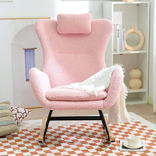 DFONCE Rocking Chair Nursery Upholstered Glider Chair With Rubber Wood Legs Side Pocket Comfy Side Chair Rocking Accent Armchair For Living Room Bedroom Offices (Pink)