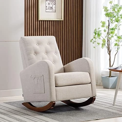 Rocking Chair Modern,Upholstered Glider Rocker Chair For Nursery,Comfy Armchair With Side Pocket For Living Room (White) - Image 15