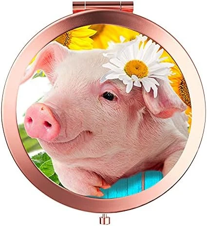 Pzicase Compact Mirror Round Rose Gold Makeup Mirror Folding Mini Pocket Mirror Portable Hand Mirror Double Sided With 2 X 1x Magnification For Woman Mother Kids Great Gift (Flower Pig) - Image 4