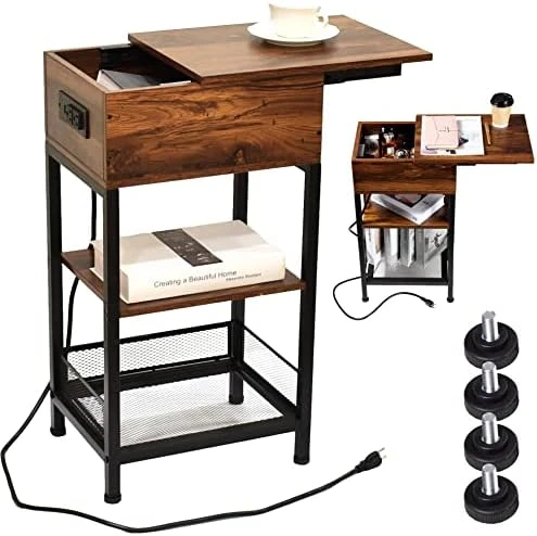 SZLHANJZ Bedroom Nightstand, Narrow Nightstand With Charging Station, Slide Open Small Side Table 3-Tier, Wood And Metal End Table With Drawer And Storage For Small Space Living Room Dorm, Brown - Image 7