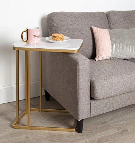 Kate And Laurel Credele Modern-Glam Sofa Side C-Table With Gold Metal Base And Man-Made Marble Top - Image 5