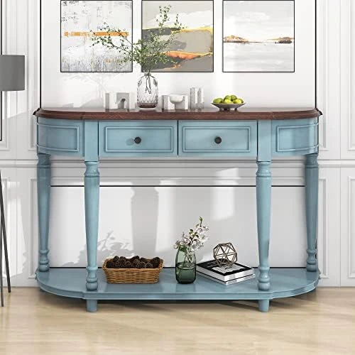 Polibi Retro Curved Console Table With Open Style Shelf And 4 Top Drawers, 52" W Half Moon Entry Table With Solid Wooden Frame And Legs For Living Room, Entryway And Hallway, Antique Grey - Image 10