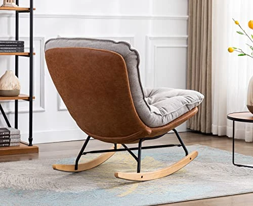 Kmax Rocking Chair Nursery Tufted Accent Glider Chair With Tufted Linen Fabric Cushion PU Leather Base For Baby Nursery Bedroom Living Room, Light Grey - Image 3