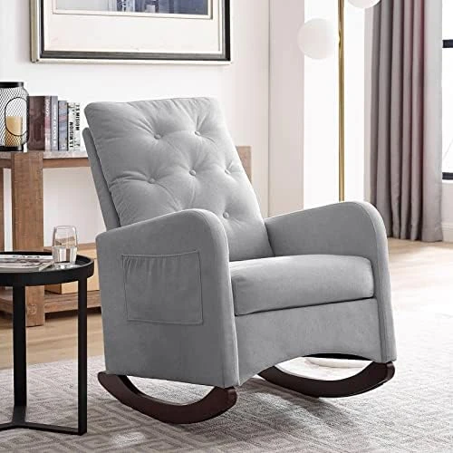Obuvar Upholstered Rocking Chair For Nursery, Accent Glider Rocker With Two Pockets, Comfy Armchair With Tall Backrest And Double Layer Cushion, Baby Nursery Glider For Living Room, Bedroom (White) - Image 10