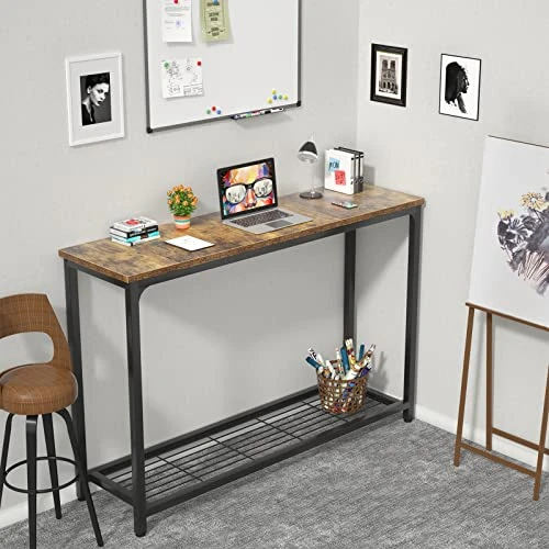 Ecoprsio 48 Inch Console Table, Long Sofa Table With Mesh Shelves, 2 Tier Entryway Table Foyer Table For Entryway, Front Hall, Hallway, Sofa, Couch, Living Room, Coffee Bar, Kitchen, Rustic Brown - Image 6