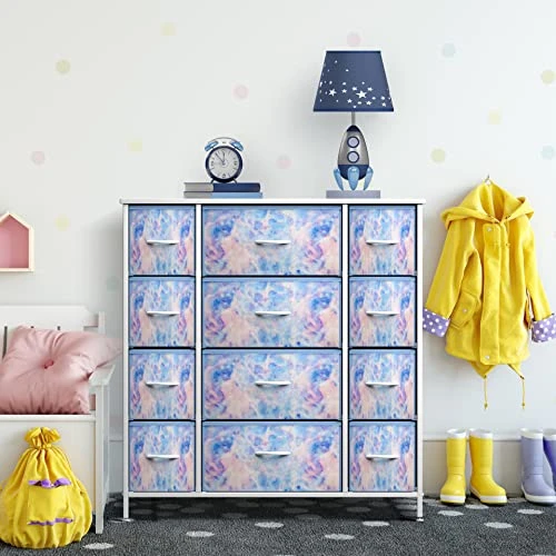 Kids Dresser With 12 Drawers - Chest Organizer Unit With Steel Frame Wood Top & Handle, Fabric Bins For Clothes - Large Furniture For Bedroom Hallway Kids Room Nursery & Closet (Blue - Tie-dye) - Image 4