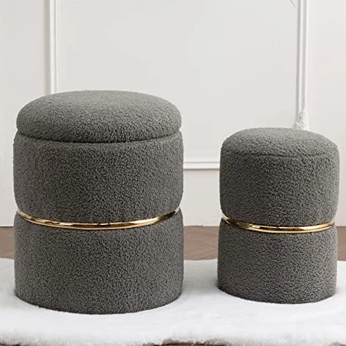 Furnimart Round Bronzing Velvet Storage Ottoman,Vanity Stool Chair,Upholstered Foot Rest Stool With Gold Plating Band For Living Room Or Bedroom,Pack Of 2 - Image 10