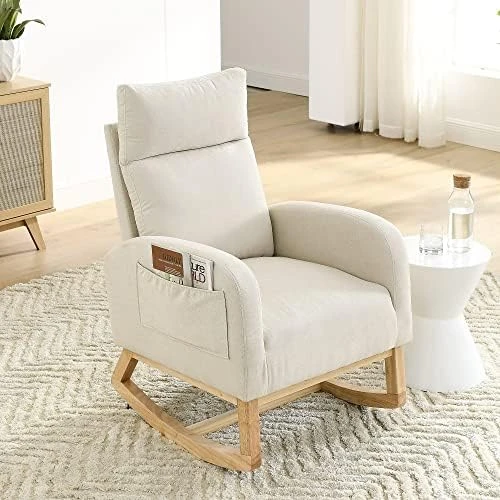 Krinana Nursery Rocking Chair With Solid Wood Legs, Glider Chair For Nursery With Two Side Pockets, Rocker Armchair For Living Room Bedroom (Beige, Linen Fabric) - Image 6