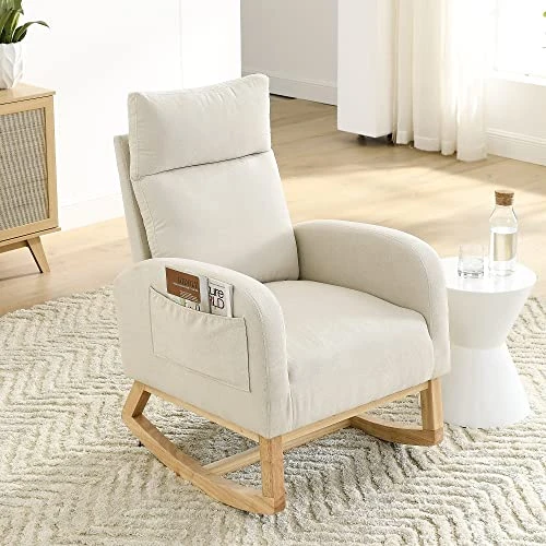 Krinana Nursery Rocking Chair With Solid Wood Legs, Glider Chair For Nursery With Two Side Pockets, Rocker Armchair For Living Room Bedroom (Beige, Linen Fabric)