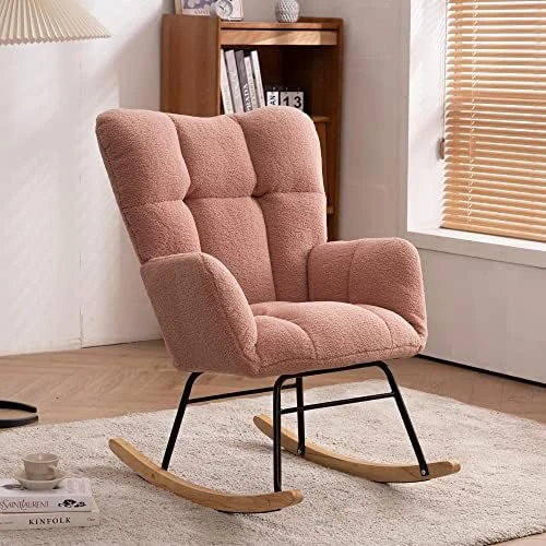 Krinana Teddy Fabric Nursery Rocking Chair, Rocker Armchair With Solid Wood Legs, Glider Chair Nursery With High Backrest For Living Room Apartment (Teddy Fabric,Green) - Image 11