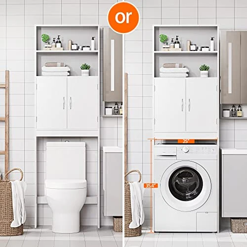 Yaheetech Over The Toilet Storage, Taller Bathroom Organizer Space-Saving Storage Cabinet With Adjustable Shelves And Double Doors, 77 In H, White - Image 3