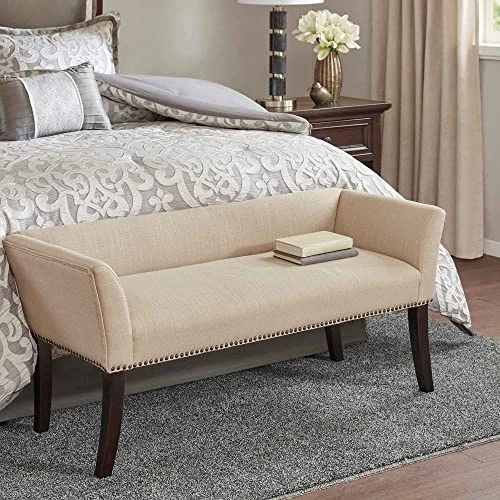 Madison Park Welburn Upholstered Tufted Entryway Accent Bench With Back, Nailhead Trim, And Padded Seat Mid-Century Modern Fabric Ottoman For Bedroom Furniture, 49.5" W X 19.25" D X 23" H, Tan