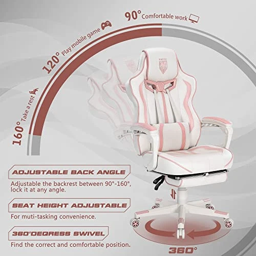 Vonesse Pink Gaming Chair PC Game Chair For Girls Racing Style Reclining Computer Chair With Footrest Office Swivel Ergonomic Gaming Computer Chair With Massage High Back Gaming Chairs For Adults - Image 2
