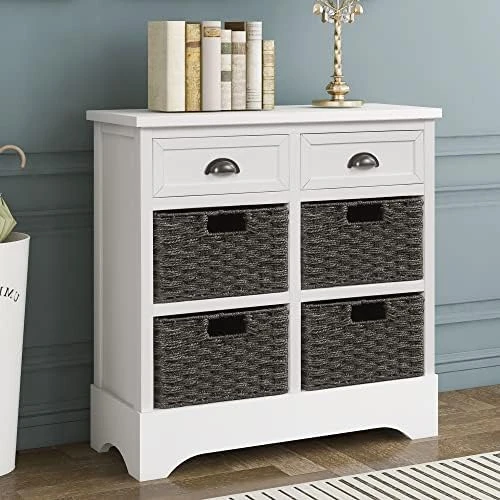 P PURLOVE Storage Cabinet Storage Unit With 2 Wood Drawers And 4 Wicker Baskets Rustic Storage Cabinet For Home Kitchen Entryway Living Room (White Washed) - Image 7