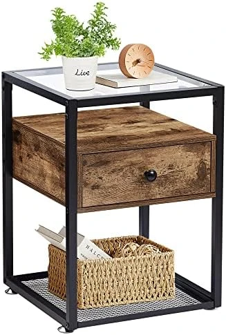 VECELO End Tables,Glass Top Nightstands With Drawer And Metal Frame,Set Of 2 For Living Room,Bedroom,Lounge,2 Set, Antique Brown - Image 11