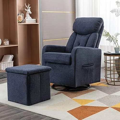 LUCKHAO Swivel Rocker Chair With Storage Ottoman, Modern Nursery Glider Chair, Teddy Fabric Upholstered Rocking Chairs, Armchair With High Backrest For Living Room Bedroom(White Teddy) - Image 4