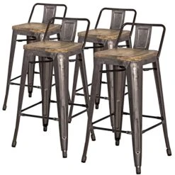 New Pacific Direct Metropolis Metal Low Back Counter Stool 26" Wood Seat,Gunmetal Gray,Set Of 4