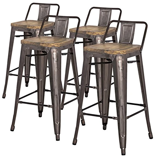 New Pacific Direct Metropolis Metal Low Back Counter Stool 26" Wood Seat,Gunmetal Gray,Set Of 4