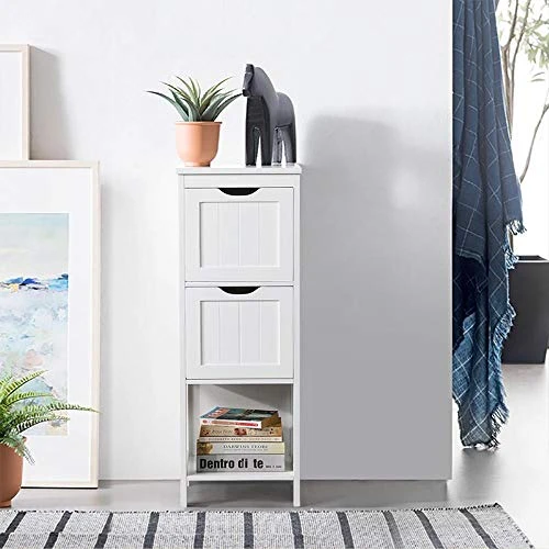Topeakmart Bathroom Floor Cabinet With 2 Drawers, Free-Standing Side Storage Organizer With 1 Shelf, Wooden Multifunctional Rack Stand, White - Image 3