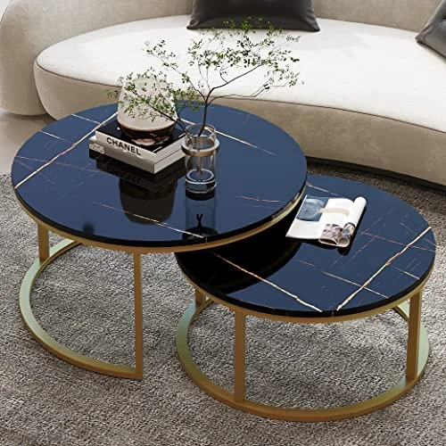 WiberWi Round Coffee Table Nesting Tables Set Of 2, Large : Γ 34.0", Small : Γ 26.0", Modern Design Coffee Tables For Living Room, Gold Metal Frame Circle Cocktail Table, High Glossy Faux Black Marble