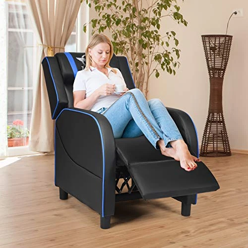 POWERSTONE Gaming Recliner Chair, Reclining Gaming Chair Ergonomic Leather Sofa With Footrest Lumbar Support Headrest And Side Pouch For Living Room Home Theater, Blue