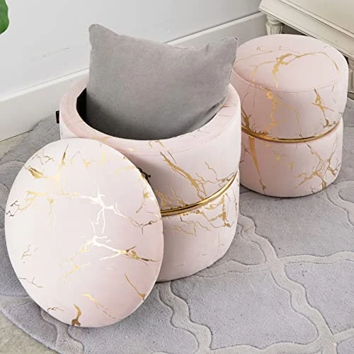 Furnimart Round Bronzing Velvet Storage Ottoman,Vanity Stool Chair,Upholstered Foot Rest Stool With Gold Plating Band For Living Room Or Bedroom,Pack Of 2 - Image 3